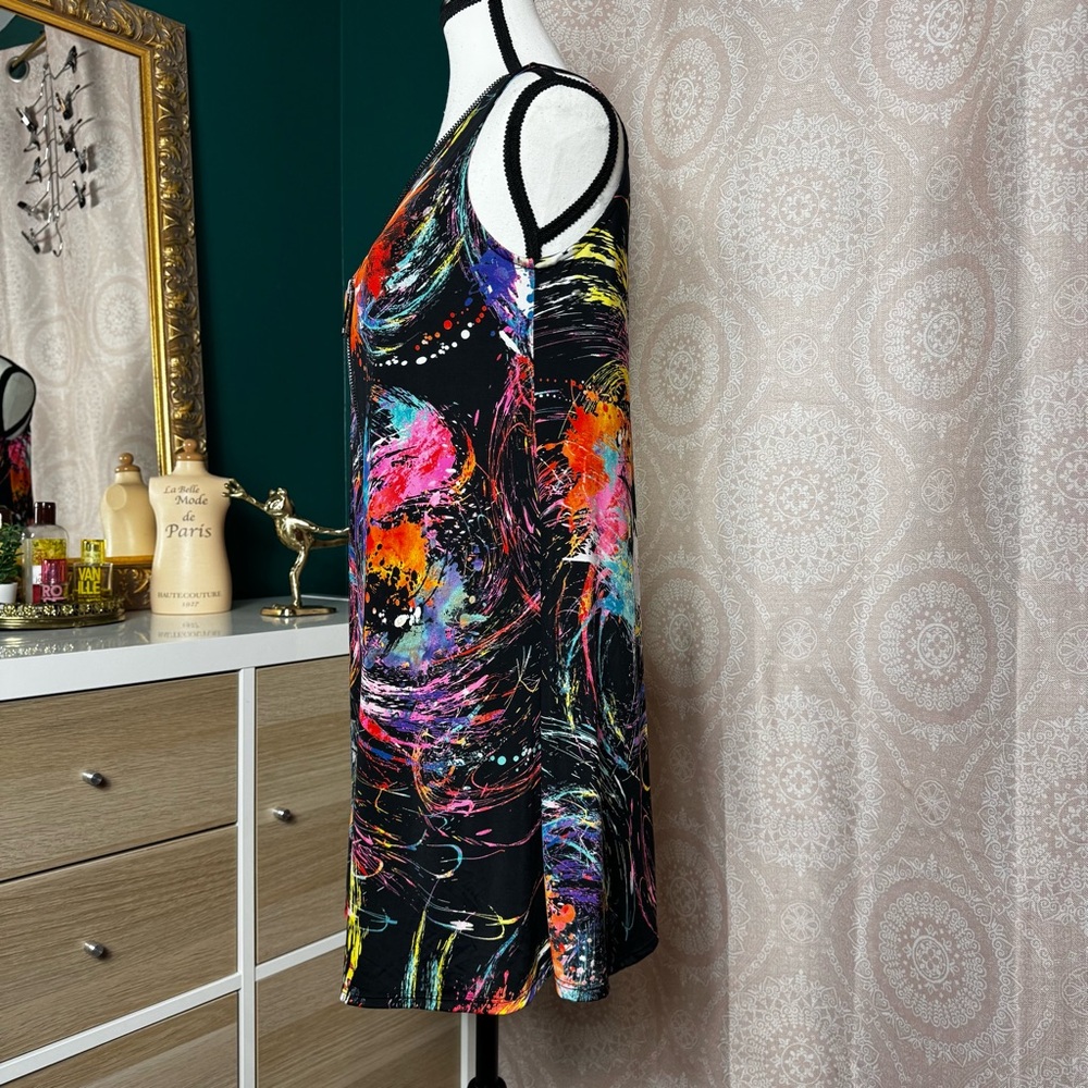 Arielle Front Zipper Sleeveless Dress Multicolor Paint Splatter Artsy Abstract - Picture 4 of 9